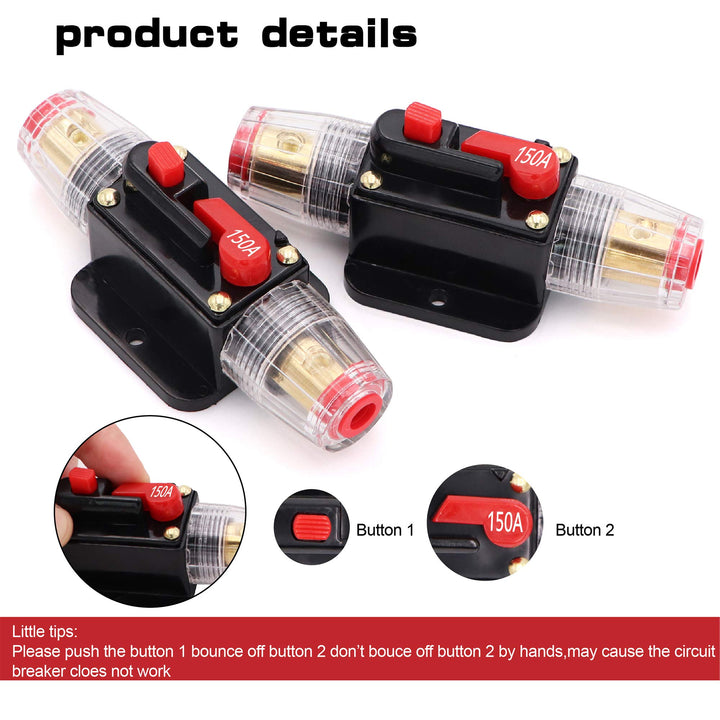 2 pcs 150A Audio Inline Circuit Breaker Reset Fuse 12V-24V DC, PowMr Reset Fuse Holder 40 amp with Manual Reset for Car Audio, Stereo Switch and Solar Inverter System