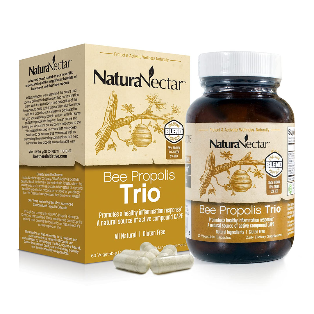 - Bee Propolis Trio Capsules, NSF Certified Premium Brazilian Propolis - Gluten-Free Supplements with More Diverse Flavonoids & PWE - Naturally Sourced Through Ethical Beekeeping (60pcs.)