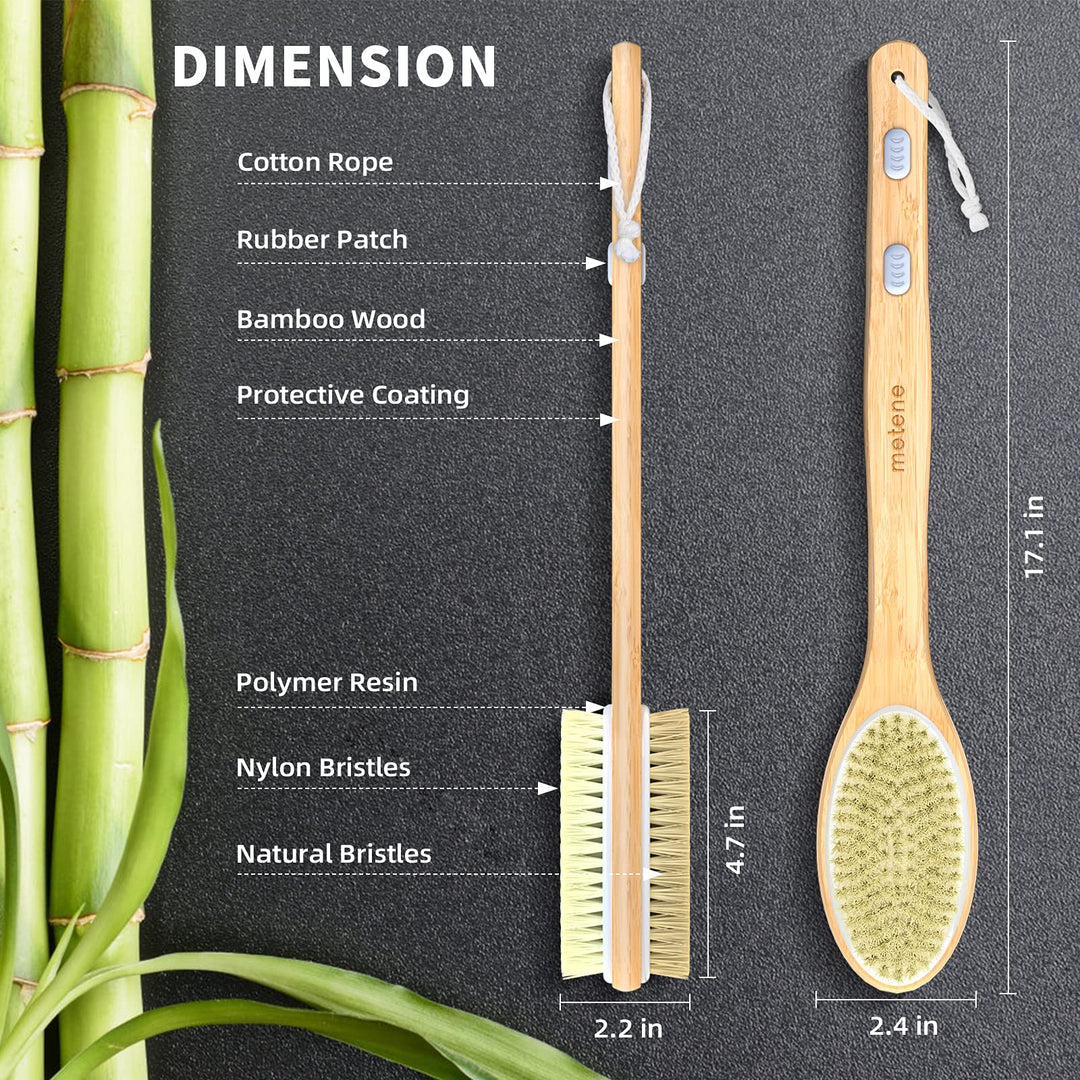 Bamboo Body Brush with Stiff and Soft Natural Bristles, Back Scrubber for Shower with Long Handle, Dual-Sided Brush Head for Wet or Dry Brushing, Exfoliating Skin and Clean The Body Easily
