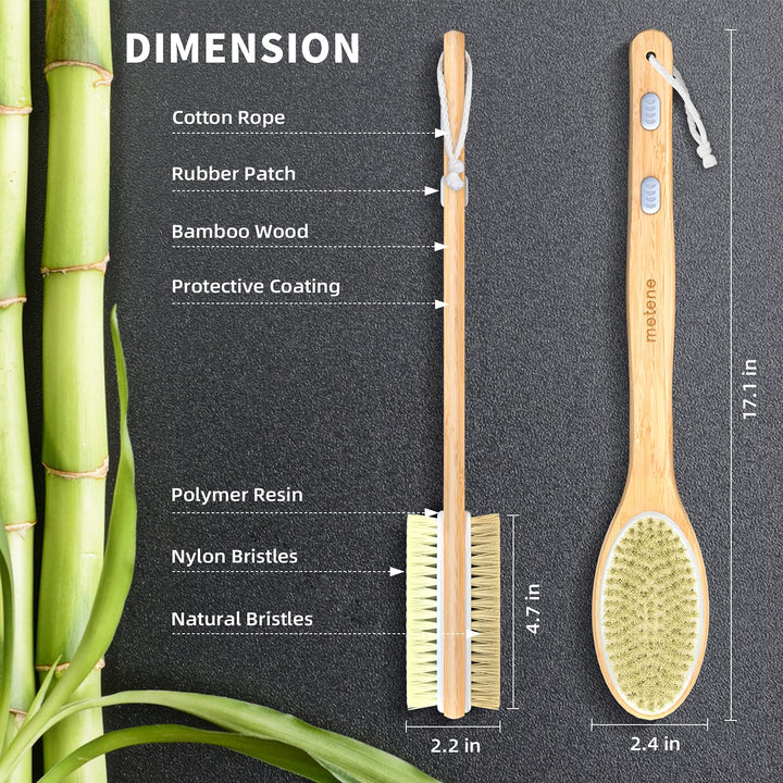 Bamboo Body Brush with Stiff and Soft Natural Bristles, Back Scrubber for Shower with Long Handle, Dual-Sided Brush Head for Wet or Dry Brushing, Exfoliating Skin and Clean The Body Easily