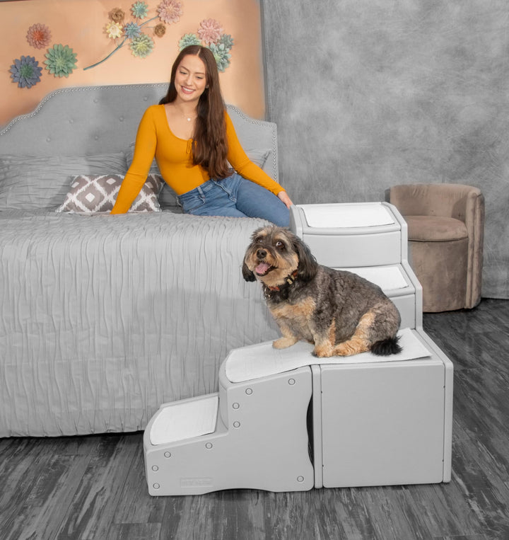 Easy Step Bed Stair for Cats/Dogs, Adjusts to Either Side of Bed, Removable Washable Carpet Treads, Storage Compartment, for Pets Up to 75lbs,New Essential Gray