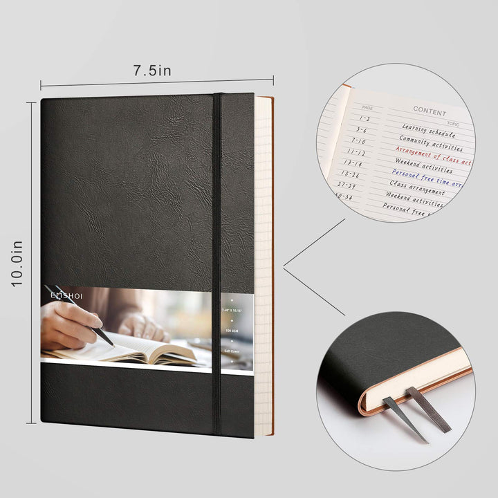 Composition Notebooks College Ruled - Soft Cover Leather Thick Journal, B5 Large Notebook, with Free Sticky Notes, 204 Numbered Pages,100gsm Lined Paper, for Writers Students, 7.5x10- Black