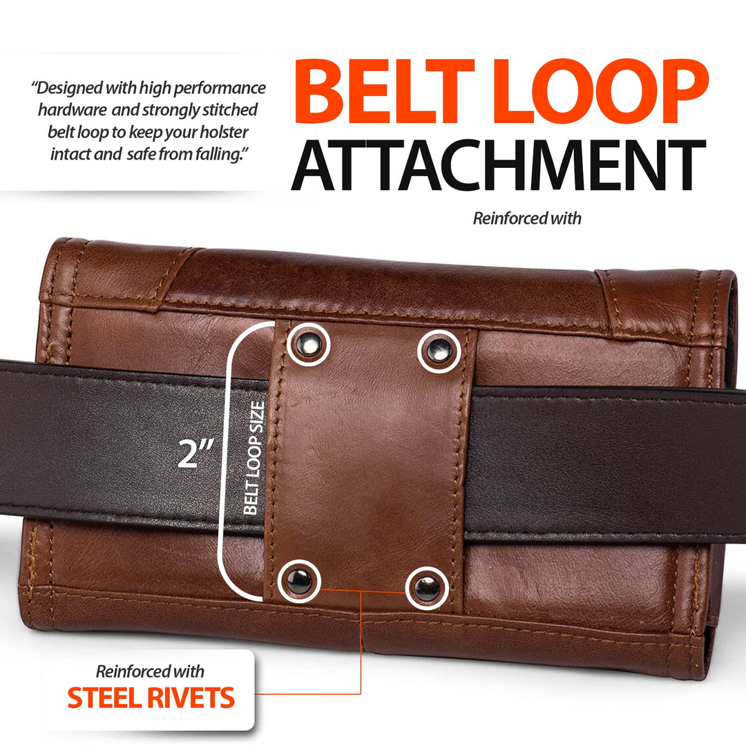 Horizontal Leather Cell Phone Holster with Belt Loop Fits for iPhone 16 Pro Max 15 Plus 14 Pro Max Samsung Galaxy A55 S23 Ultra Note 9 8 Google Pixel 8 Pro Pouch Belt Case Phone Holder (Brown)