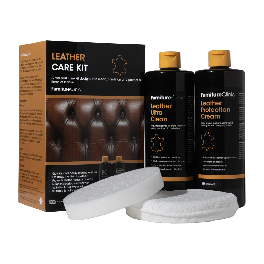 Large Leather Care Kit | Leather Cleaner + Protection Cream for Furniture | Two 17oz Bottles + 1 Sponge & 1 Cloth | Condition and Restore Leather Couches, Car Seats, Jackets, & Boots