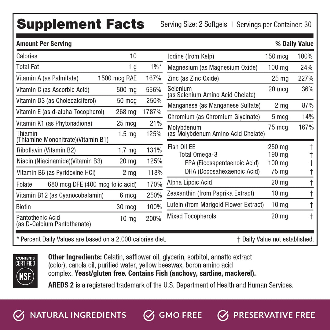 Macular Health Complete | 2 Softgel Multi-Vitamins with Eyecare Support | Heart, Brain, Hair, Skin and Overall Health | Updated Format Now with 2 Softgels for Increased Absorption