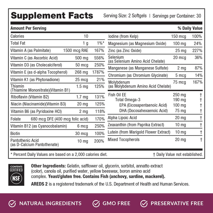 Macular Health Complete | 2 Softgel Multi-Vitamins with Eyecare Support | Heart, Brain, Hair, Skin and Overall Health | Updated Format Now with 2 Softgels for Increased Absorption
