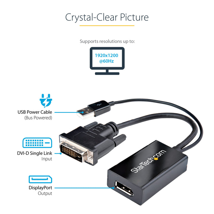 DVI to DisplayPort Adapter - USB Power - 1920 x 1200 - DVI to DisplayPort Converter - Video Adapter - DVI-D to DP (DVI2DP2)