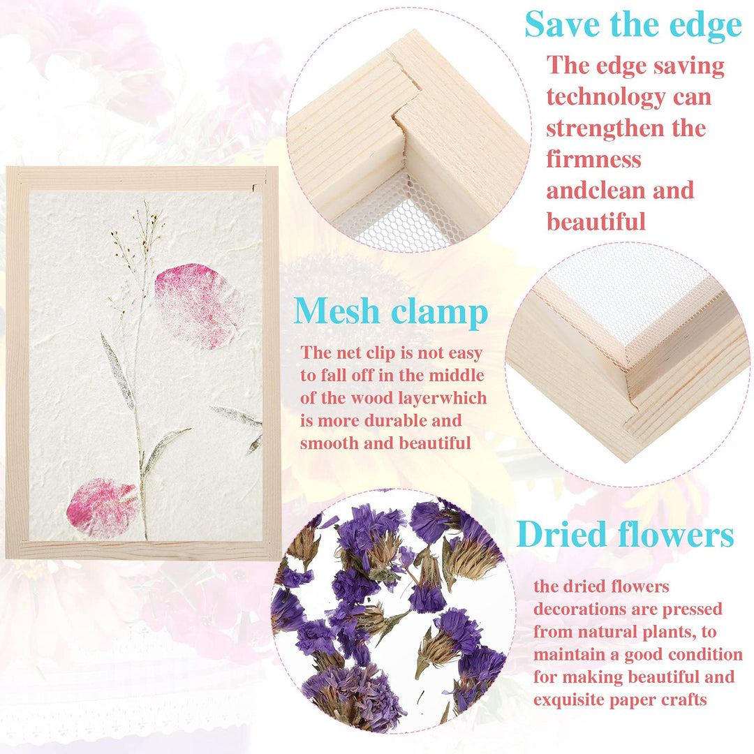 8 Pieces Paper Making Screen Kit Include 7.5 x 9.8 Inches Wooden Paper Making Frame Mould Papermaking Screen Printing Frame Dried Flowers Sponge with Replacement Mesh Cloth for DIY Paper Craft