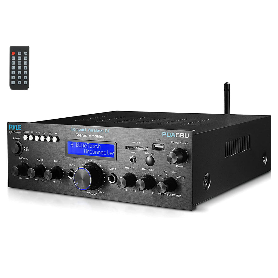 PYLE Wireless Bluetooth Power Amplifier System - 200W Peak Power Dual Channel Sound Audio Stereo Receiver w/USB, SD, AUX, MIC in w/Echo Effect for Karaoke, Radio, LCD Display, RCA input, Studio Use
