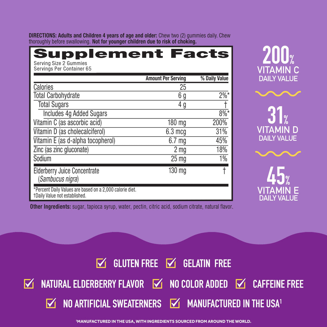 Elderberry + Zinc & Vitamin C Gummies For Adults, Immune Support Vitamin D & Zinc Gummies with Powerful Antioxidant Vitamins C D & E - 130 Gummies, Elderberry Flavor