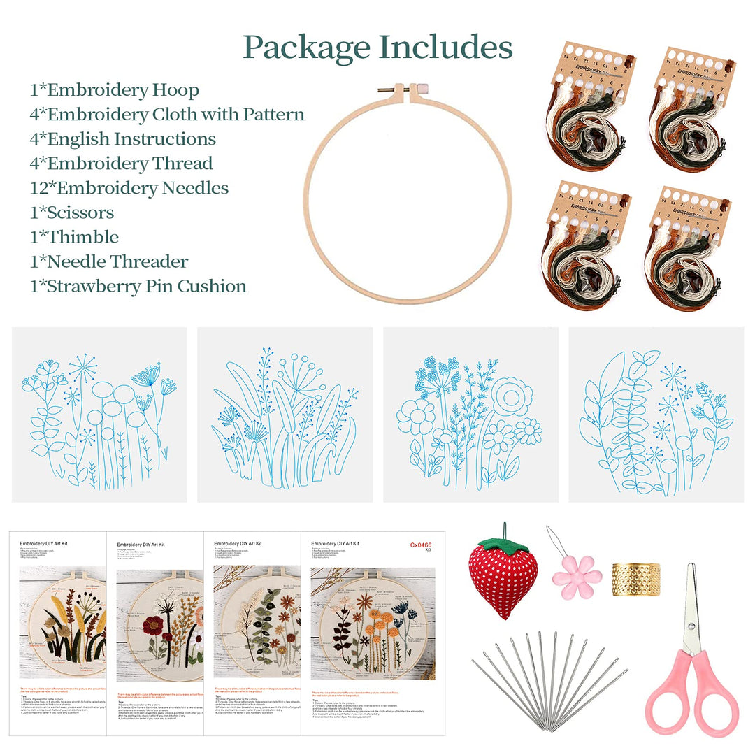 4 Set Embroidery Kit for Beginners, Embroidery Starter Kit with Pattern and Instruction, Cross Stitch Kits Include Embroidery Hoop and Complete Embroidery Tools, Needlepoint Kit for Adults (C)