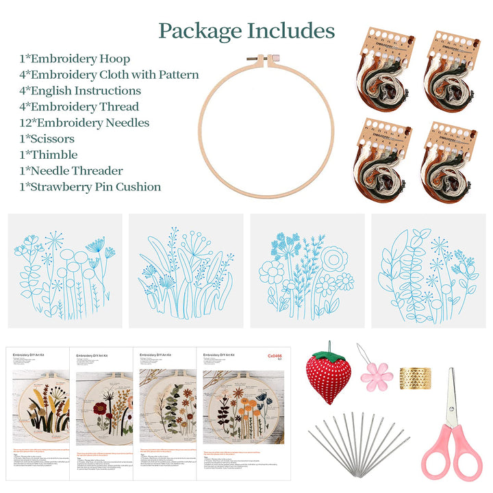 4 Set Embroidery Kit for Beginners, Embroidery Starter Kit with Pattern and Instruction, Cross Stitch Kits Include Embroidery Hoop and Complete Embroidery Tools, Needlepoint Kit for Adults (C)