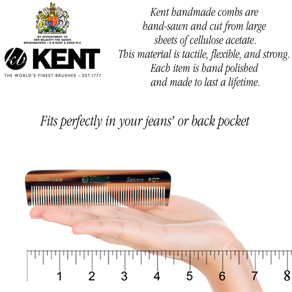 Kent FOT Handmade Fine Tooth Saw Cut Comb - Pocket Travel Styling Comb for Thinning Hair and Beards