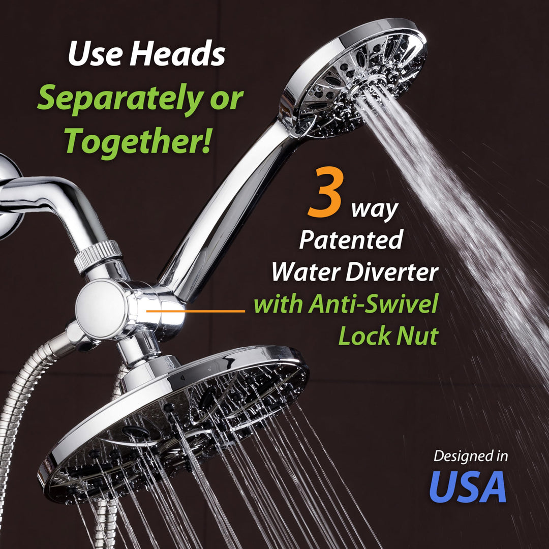 7 Premium High Pressure 3-Way Rainfall Combo Combines The Best of Both Worlds-Enjoy Luxurious Rain Showerhead and 6-Setting Hand Held Shower Separately or Together, Chrome