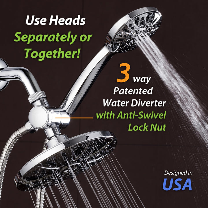 7 Premium High Pressure 3-Way Rainfall Combo Combines The Best of Both Worlds-Enjoy Luxurious Rain Showerhead and 6-Setting Hand Held Shower Separately or Together, Chrome