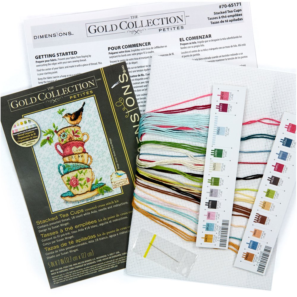 70-65171 Gold Collection Stacked Tea Cups Advanced Counted Cross Stitch Kit, 18 Count White Aida, 7 x 5