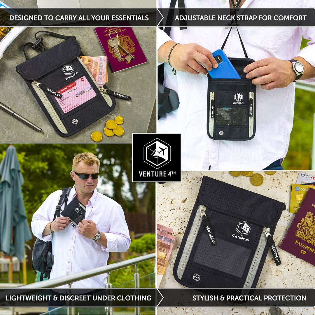 Passport Holder Neck Wallet with RFID Blocking Nylon Lining - Hidden Neck Pouch for Travel (Black)