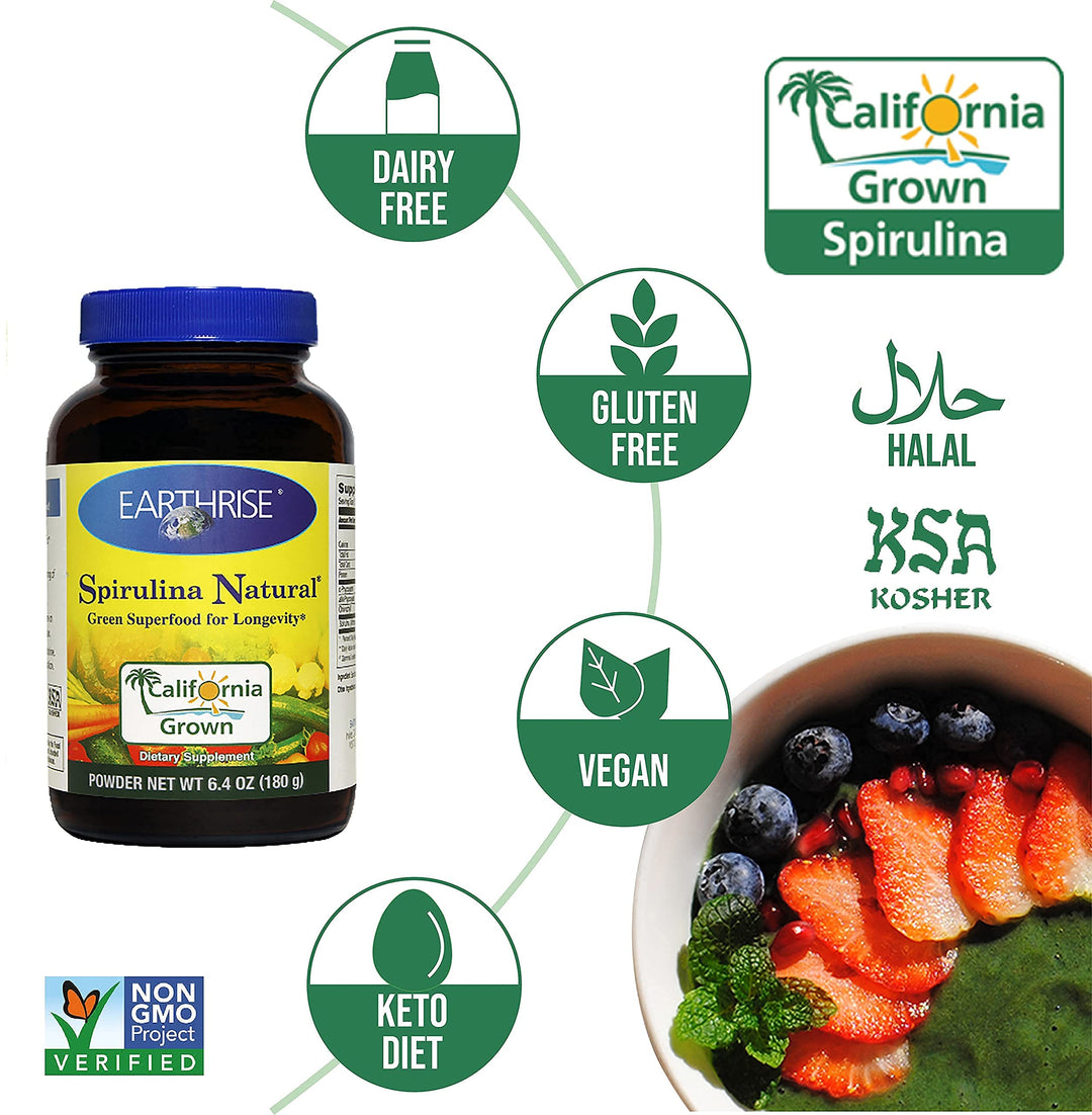 Spirulina Natural 6.4oz Powder, Natural Premium Spirulina from California- Vegan, Gluten Free, Keto Friendly, Non -GMO Super Food high in Vitamins & Minerals.