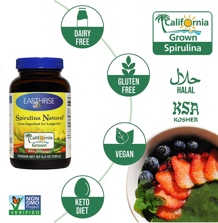 Spirulina Natural 6.4oz Powder, Natural Premium Spirulina from California- Vegan, Gluten Free, Keto Friendly, Non -GMO Super Food high in Vitamins & Minerals.