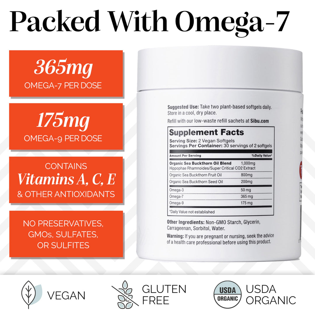 Omega-7 Softgels, Premium Organic Himalayan Sea Buckthorn Oil (60ct, 30 Day Supply) – Supplement for Healthy Skin, Hair, Nails and Dryness