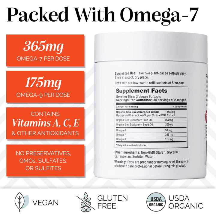 Omega-7 Softgels, Premium Organic Himalayan Sea Buckthorn Oil (60ct, 30 Day Supply) – Supplement for Healthy Skin, Hair, Nails and Dryness