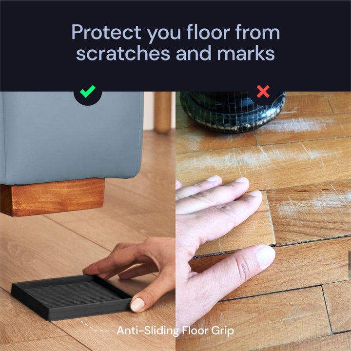 Non Slip Furniture Pads - 4x4 Black Square Rubber Anti Skid Caster Cups Leg Coasters - Couch, Chair, Feet, and Bed Stoppers with Anti - Sliding Floor Grip (Set of 4)