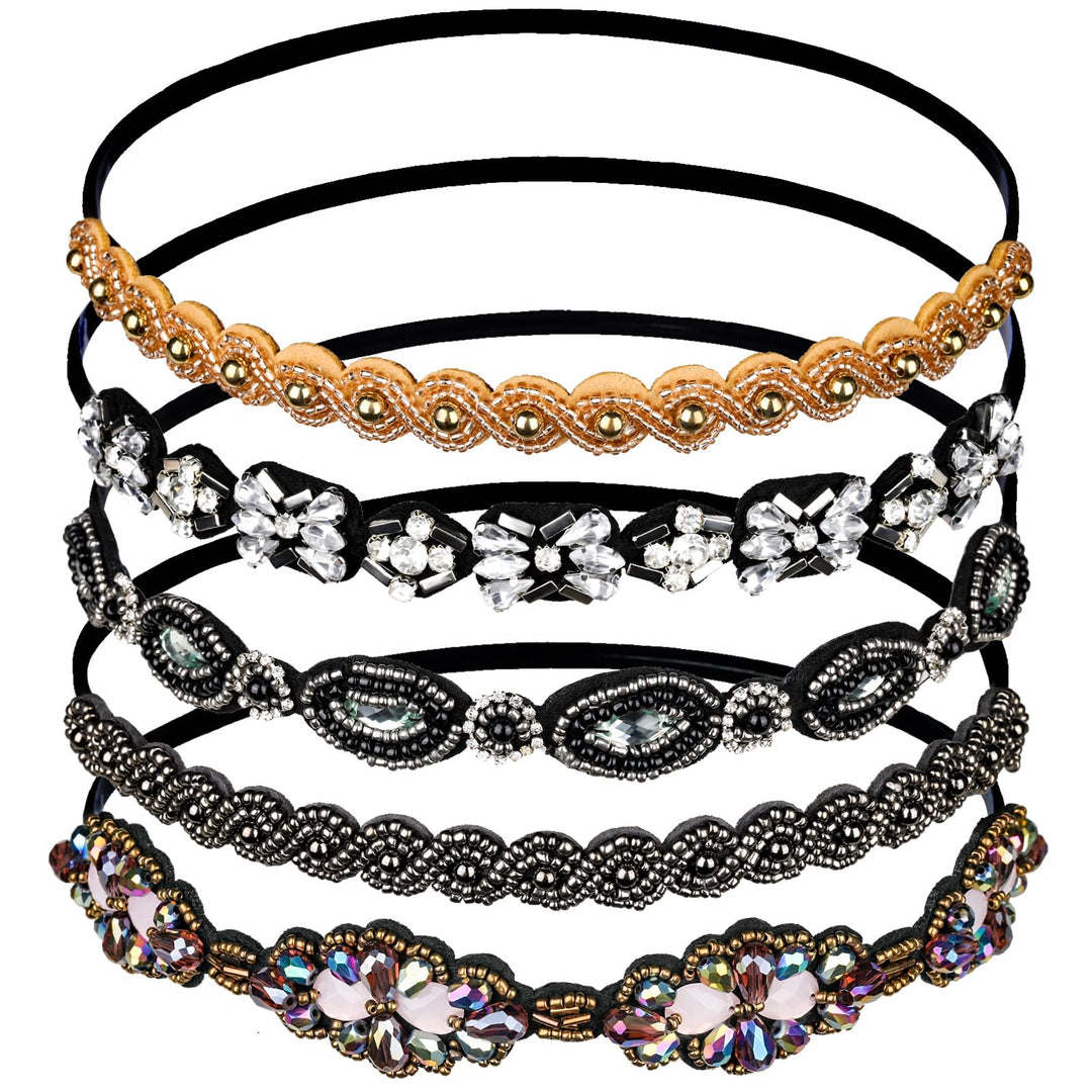 Elastic Beaded Headbands, 5pcs Beads Headband,Jewels Headband,Crystal Rhinestone Headband for Women Girls
