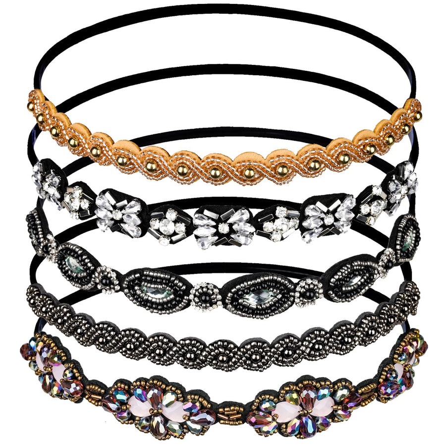 Elastic Beaded Headbands, 5pcs Beads Headband,Jewels Headband,Crystal Rhinestone Headband for Women Girls