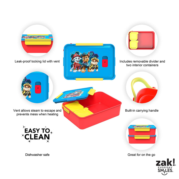 PAW Patrol Reusable Plastic Bento Box with Leak-Proof Seal, Carrying Handle, Microwave Steam Vent, and Individual Containers for Kids' Packed Lunch (3 PCs Set)