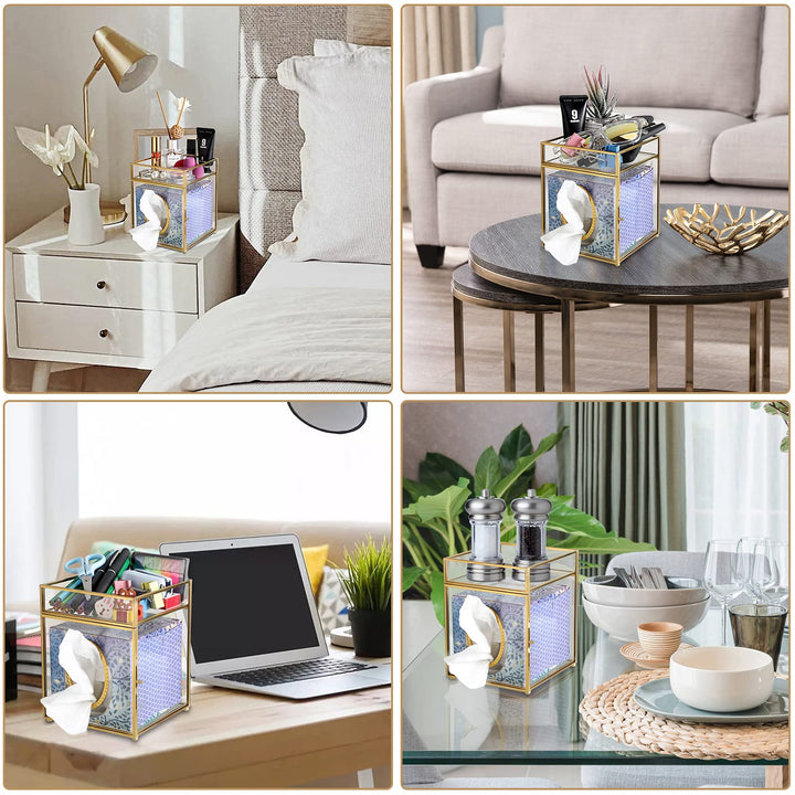 Clear Glass Square Tissue Box Cover - Decorative Cube Tissue Box Holder with Tray, Stylish Gold Facial Tissue Holder for Dresser Bathroom Bedroom Home Office Bar Restaurant Decor
