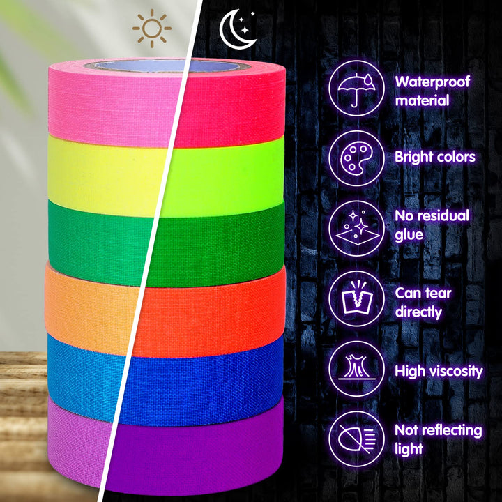 6 Colors Neon Gaffer Cloth Tape, Fluorescent UV Blacklight Glow in The Dark Tape for UV Party (0.6 inch x 16.5 feet)