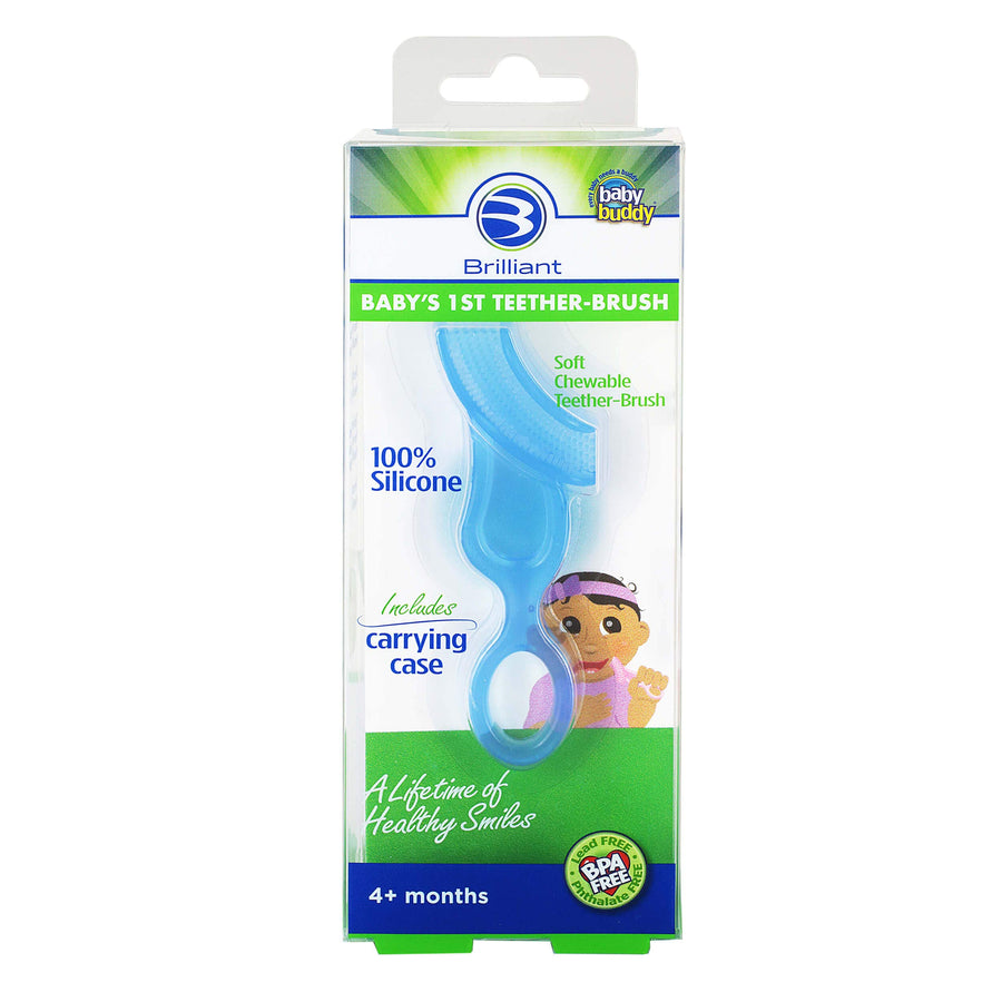 Oral Care Baby’s First Toothbrush, Smooth Silicone Bristles Gently Clean Tender Teeth and Gums, with Storage Case, for Ages 4+ Months, Blue, 1 Pack