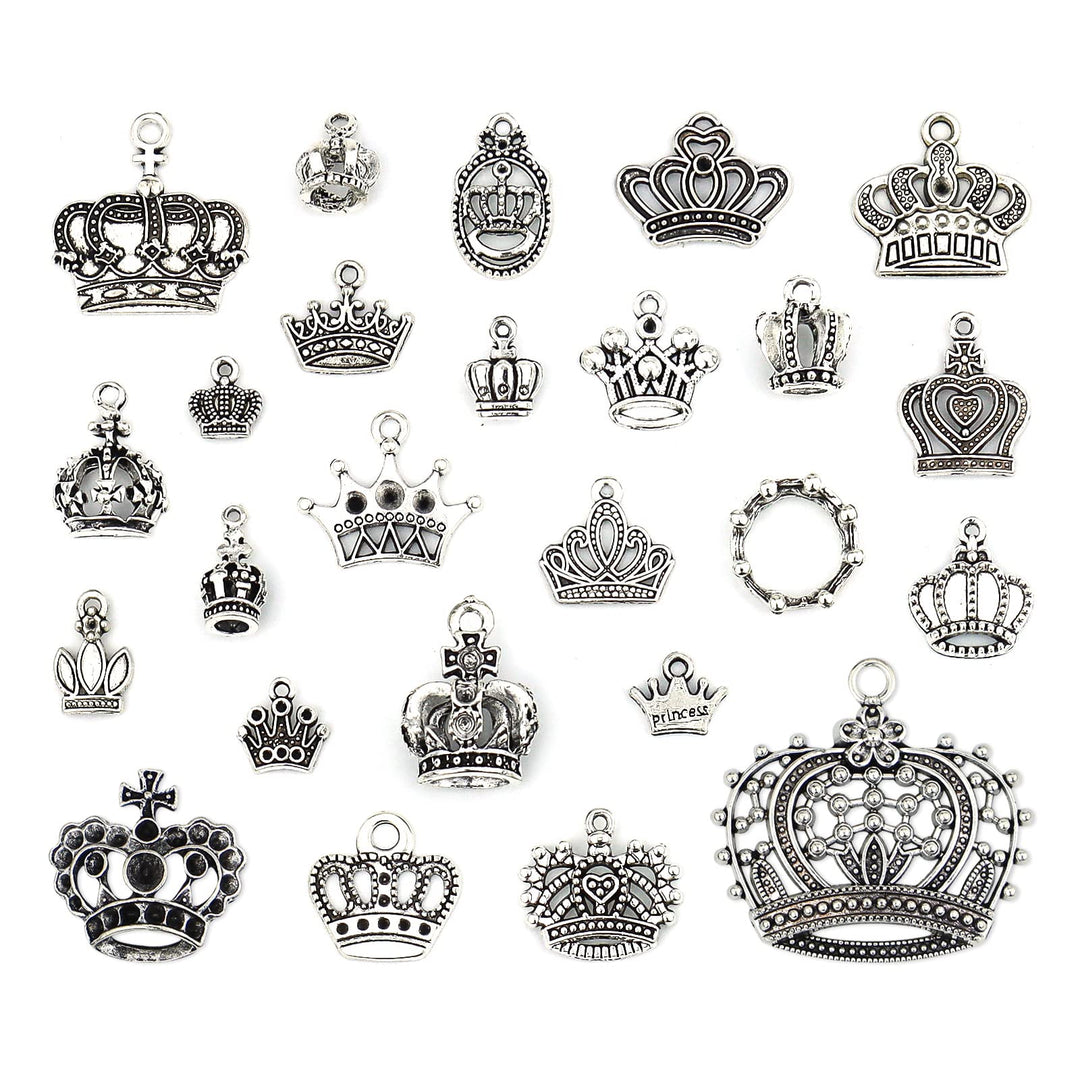 Crown Charms Pendants Beads, Vintage Silver Multistyle Crown Charm Pendant Connector for DIY Jewelry Making Accessaries Craft Supplies Bulk Lots, 25 Pcs