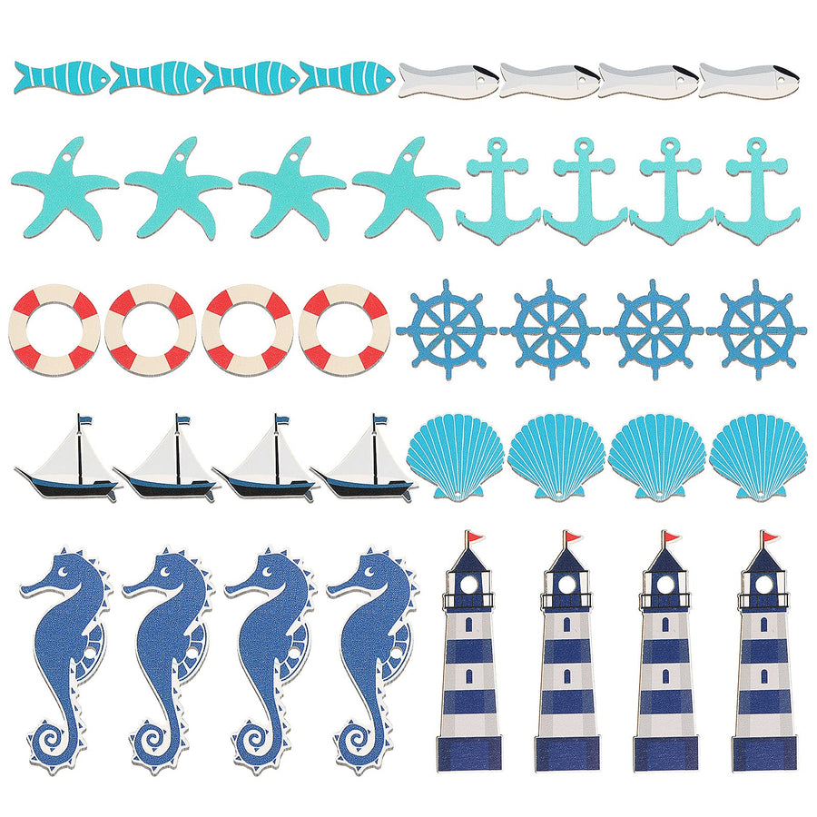 40 Pieces Coastal Cruise Ship Miniature Beach Themed Arts and Crafts Wood Anchor Decor Steering Wheel Lighthouse Starfish Seashell Seahorse Sailboat Wall Decor for Home Wall Decor Crafts
