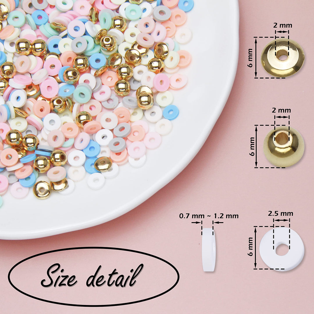 6mm 10 Strands Clay Beads Kit Vinyl Flat Handmade Polymer Clay Beads with 2 Strands Alloy Beads Spacer for Jewelry Making Necklace Bracelet Earrings Finding (CB-001-mix 1)