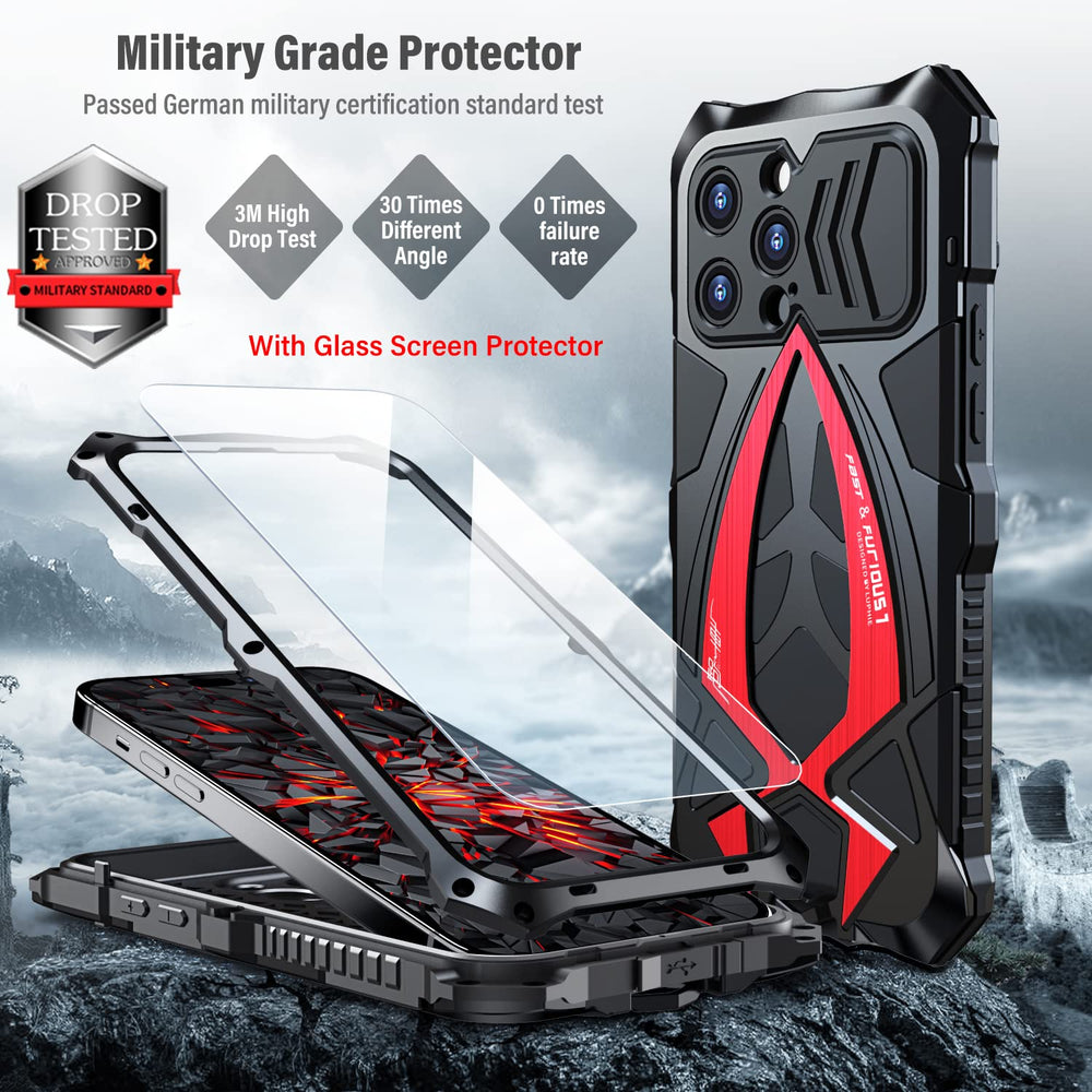 Armor Phone Case for iPhone 14 Pro Max Military Grade Cover 360 Full Protection Heavy Duty Hybrid Metal Bumper Built-in Silicone Shockproof with Screen Protector - Black + Red
