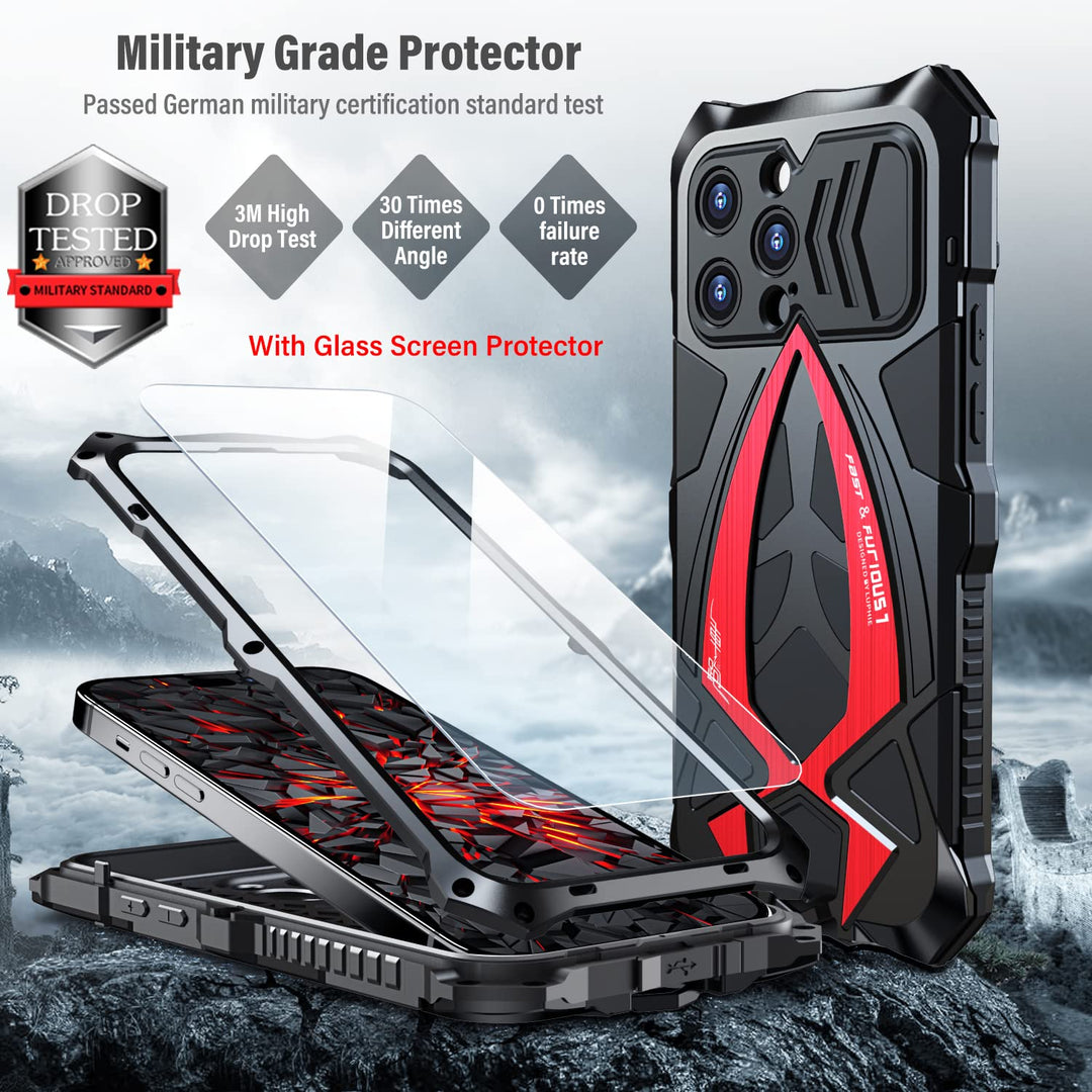 Armor Phone Case for iPhone 14 Pro Max Military Grade Cover 360 Full Protection Heavy Duty Hybrid Metal Bumper Built-in Silicone Shockproof with Screen Protector - Black + Red