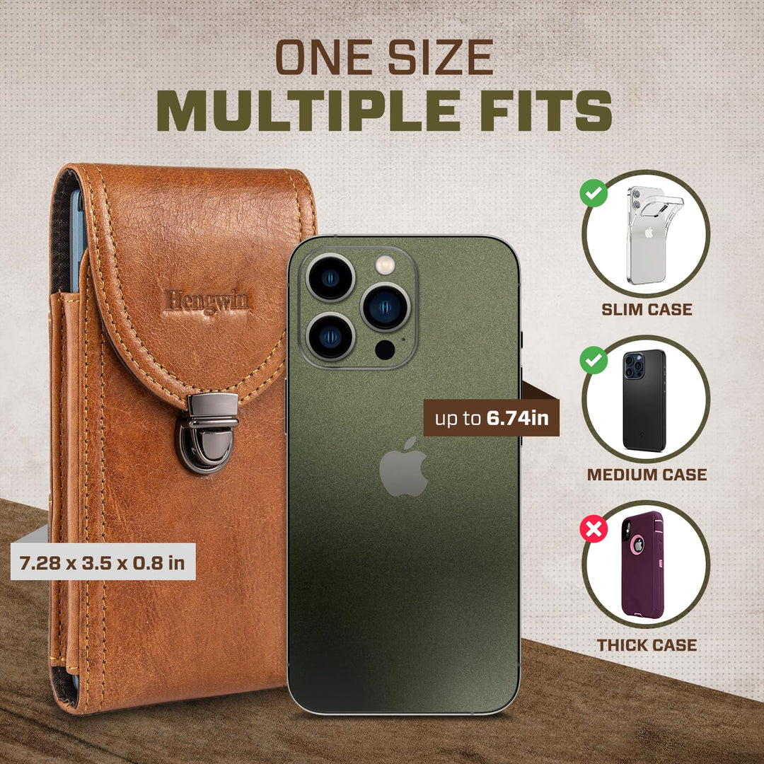 Genuine Leather Cell Phone Holster Fits for iPhone 16 Pro Max 15 Pro Max 14 Pro Max 13 Pro Max Samsung S24 Ultra S23 Ultra Holster Belt Case with Belt Clip/Loop Phone Holder for Men (Brown)