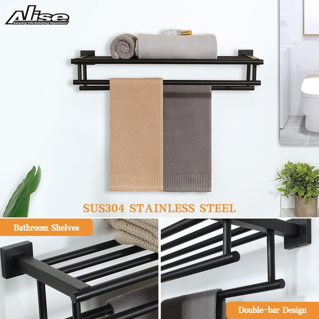 Towel Rack for Bathroom and Lavatory,24 Inch Tower Holder Towel Hanger with Double Towel Bars for Bath Wall,Wall Mount SUS304 Stainless Steel Tower Shelf Matte Black,GZ8000-B