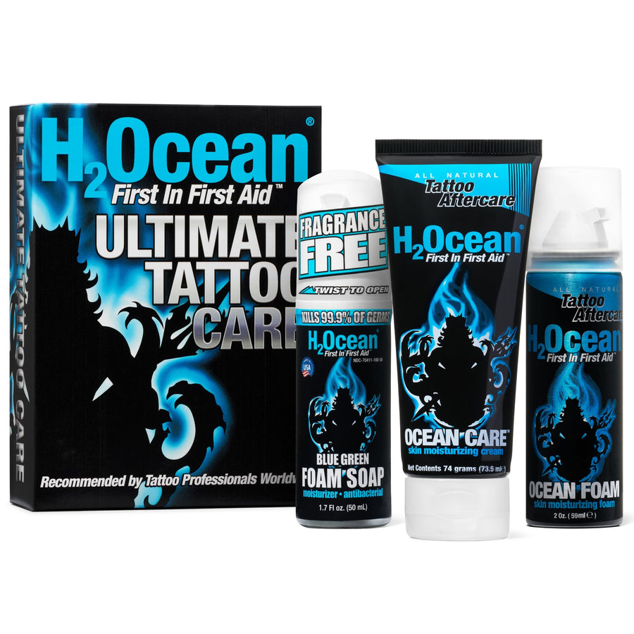 Ultimate Tattoo Care Kit for a Faster Heal - Tattoo Skincare Regimen - 1.7 oz Blue Green Foam Soap, 2.5 oz Ocean Care Skin Moisturizing Cream & 2 oz Ocean Foam Skin Moisturizing Soap