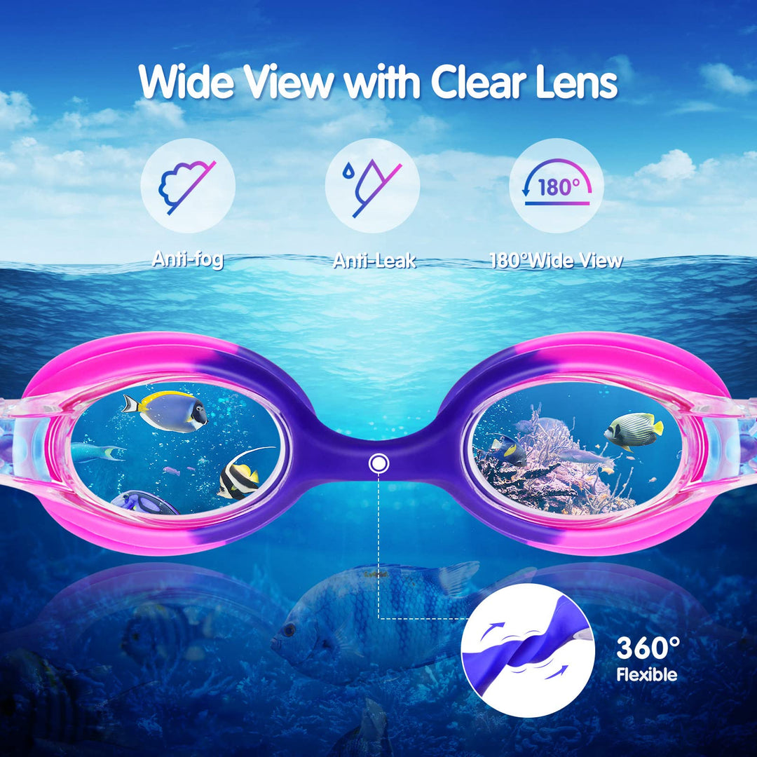 Kids Swim Goggles, 2 Pack Portable Swimming Goggles No Leaking Anti Fog Kids Goggles for Boys Girls(Age 6-14), Blue & Purple Pink