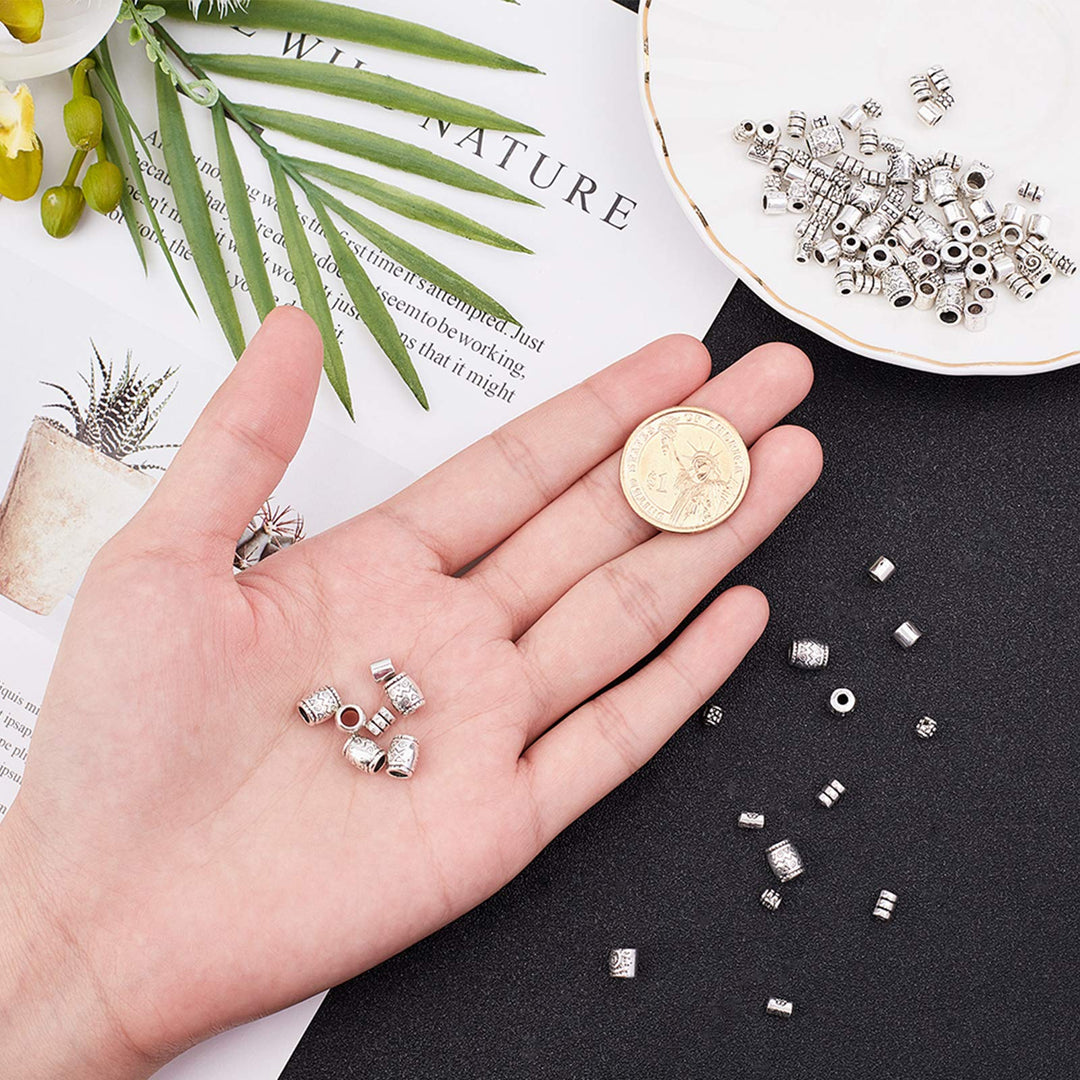 260pcs 7 Style Tibetan Spacer Beads Antique Silver Column Alloy Tube Metal Spacers European Large Hole Loose Beads Spacers for Bracelet Necklace Jewelry Supplies, Hole: 1.5~3.5mm
