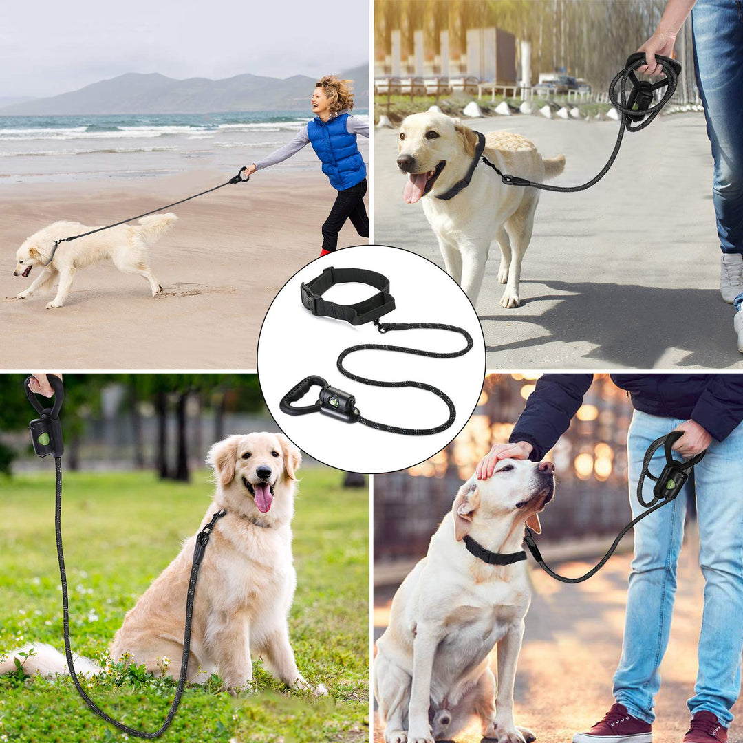 Reflective Black Dog Leash & Collar Set, 5 ft Dog Leash for Heavy Duty with Waste Bag Dispenser & Adjustable Dog Collar for Large & Medium Dogs, Suitable for Training, Hiking, Walking & More