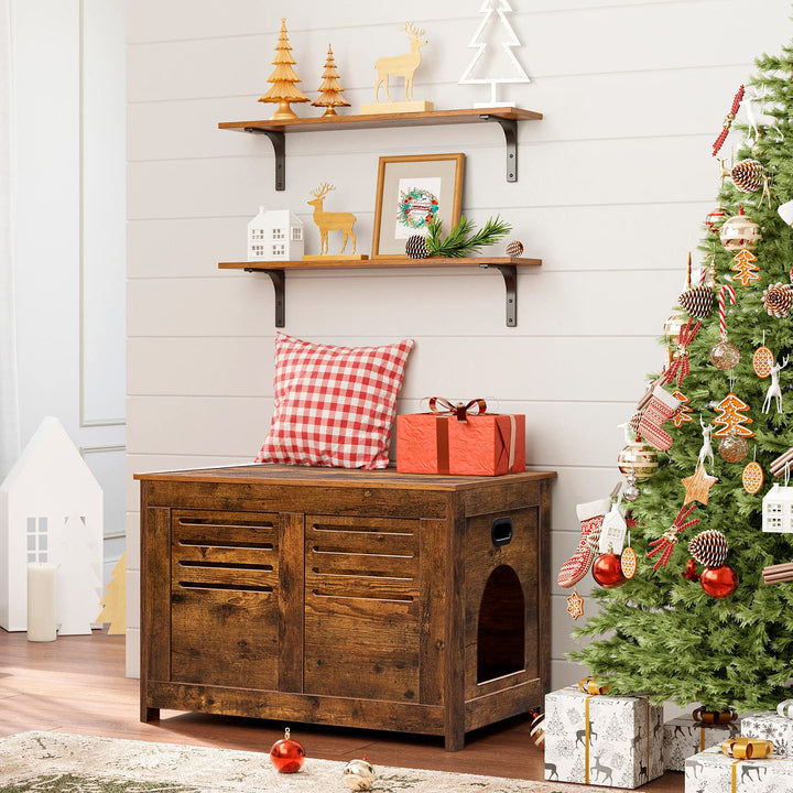 Litter Box Furniture, Flip Top Hidden, Washroom with Louvered Window, Entrance Can Be on Left/Right Side, Enclosed Litter House Side Table for Most of Cat and Litter Box, Rustic Brown