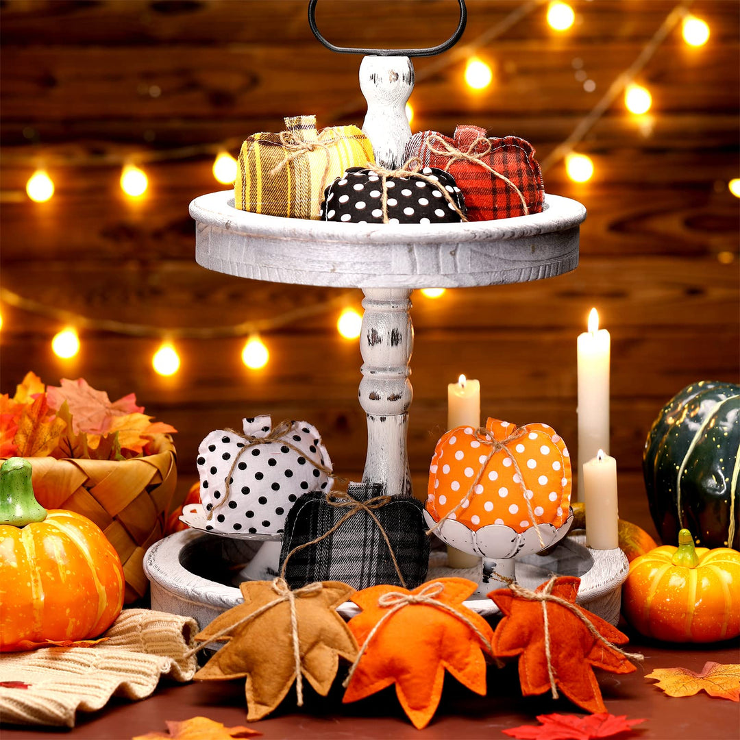 18 Pcs Fall Thanksgiving Ornaments for Tree Pumpkin Maple Leaves Halloween Hanging Decorations Buffalo Plaid Polka Dot Thanksgiving Farmhouse Fabric Ornaments for Harvest Autumn Decor (Plaid Style)