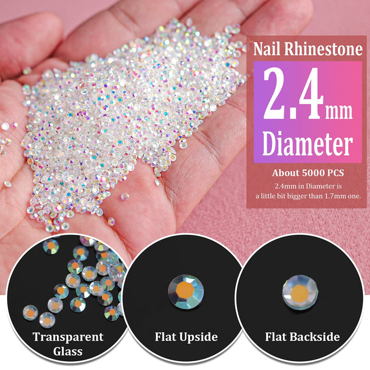 5000PCs 2.4mm Mini AB Glass Crystals for Nail Art Manicure Iridescent Long Lasting Like Swarovski Shine Rhinestone Bead Gem Jewelry Diamond