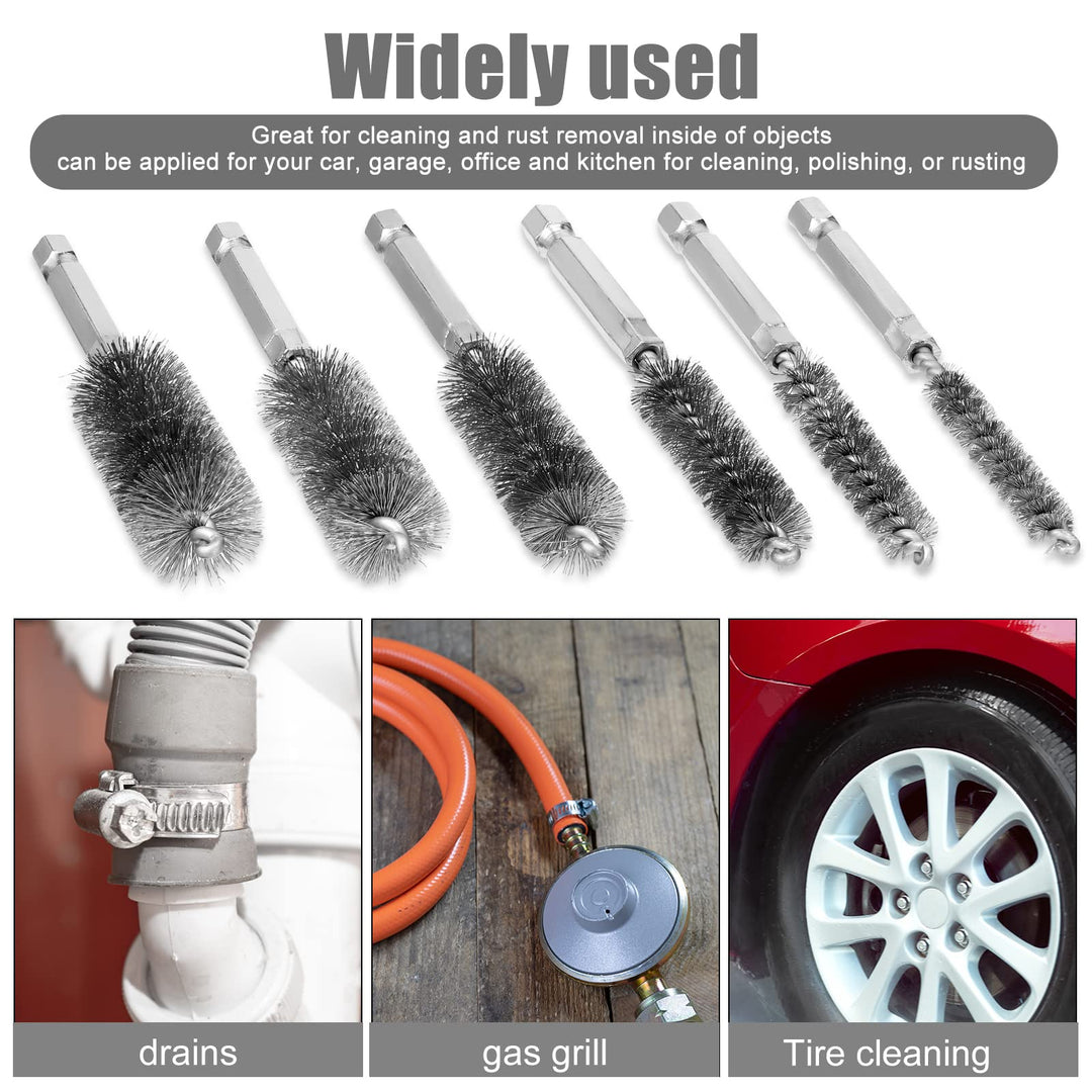6 Pieces Bore Brush in Different Sizes Twisted Wire Cleaning Brush with Handle 1/4 Inch Hex Shank for Power Drill Impact Driver, 4 Inch Long (9 mm, 11 mm, 13 mm, 16 mm, 18 mm, 19 mm,Stainless Steel)