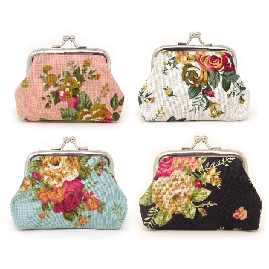 4PCS Canvas Floral Rose Flower Coin Purse Kiss Lock Change Purse Vintage Trinkets Pouch Small Women Wallet Clutch Purse