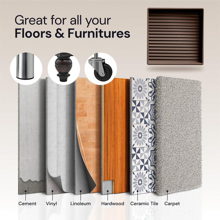 Non Slip Furniture Pads- 2x2 Square Rubber Anti Skid Caster Cups, Leg Coasters- Couch, Chair, Feet, and Bed Stoppers- Anti-Sliding Floor Protectors for Furniture (Set of 4) Brown