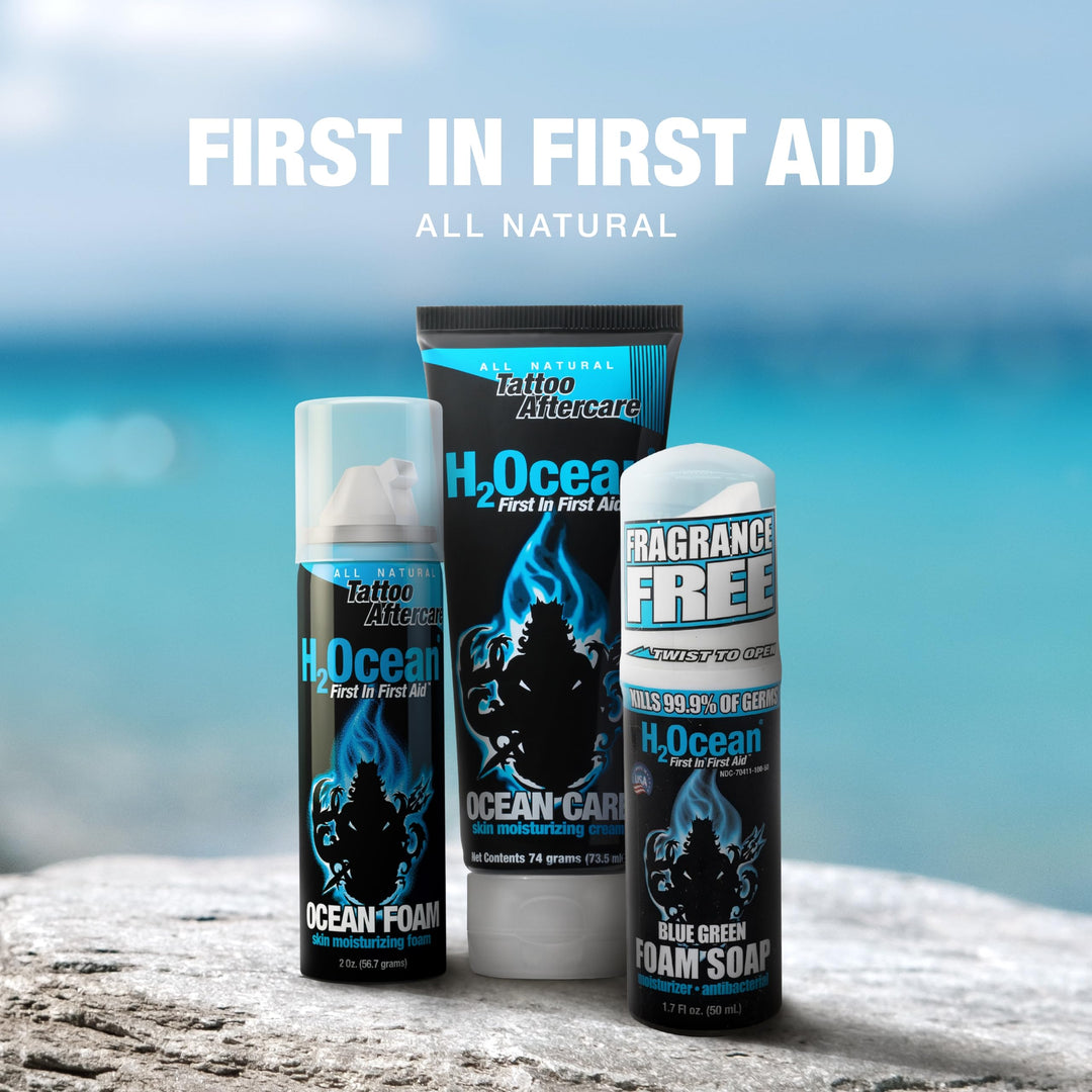 Ultimate Tattoo Care Kit for a Faster Heal - Tattoo Skincare Regimen - 1.7 oz Blue Green Foam Soap, 2.5 oz Ocean Care Skin Moisturizing Cream & 2 oz Ocean Foam Skin Moisturizing Soap